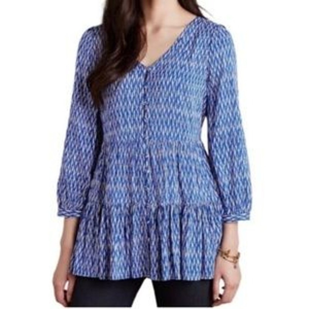Anthropologie Maeve Lila Tunic Top Women Medium Blue Striped Button Tiered Boho‎